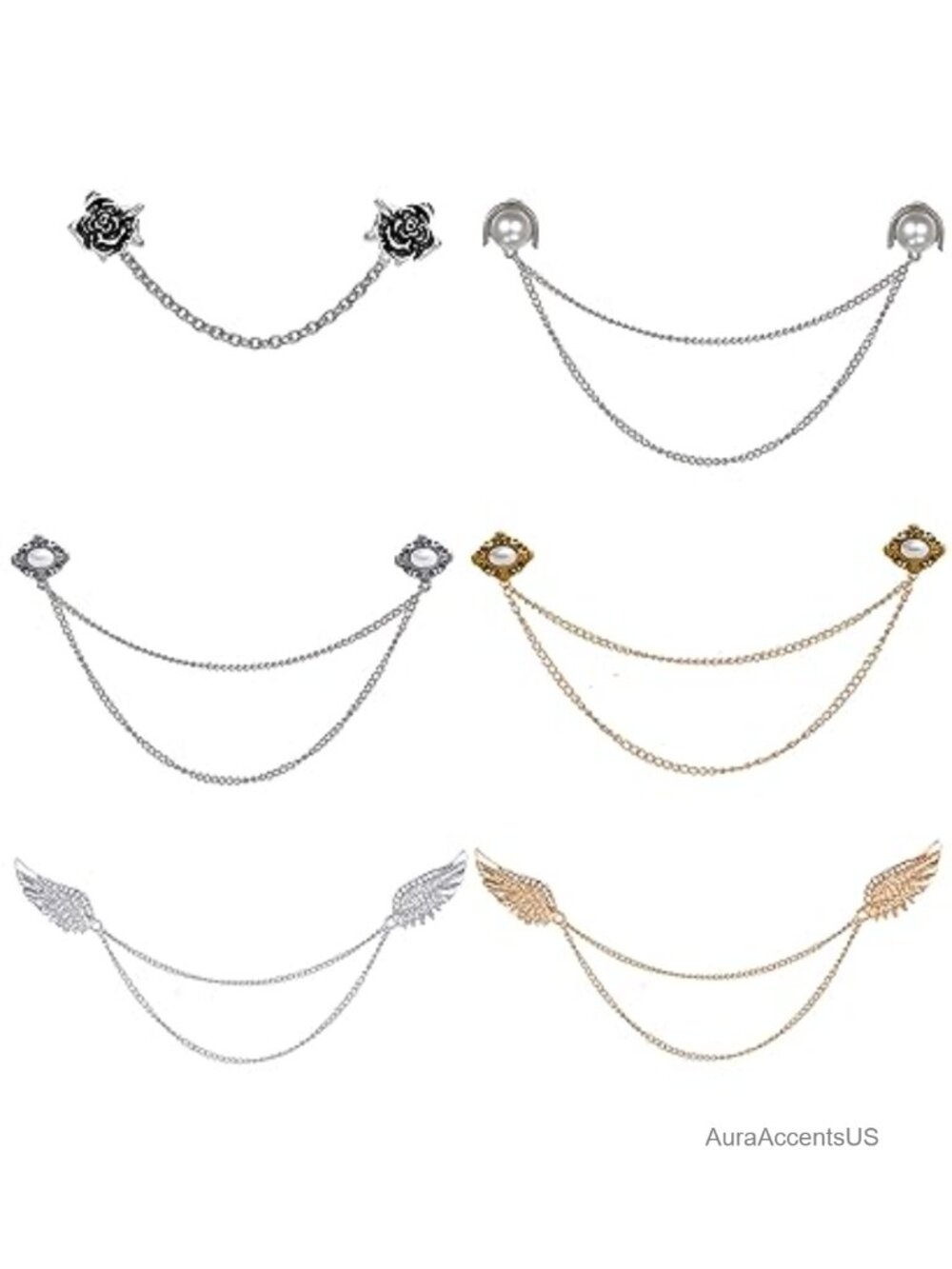 Vintage Sweater Shawl Clip Chain 6 Pcs Brooch Flowers Wings Heart Cardigan Pin